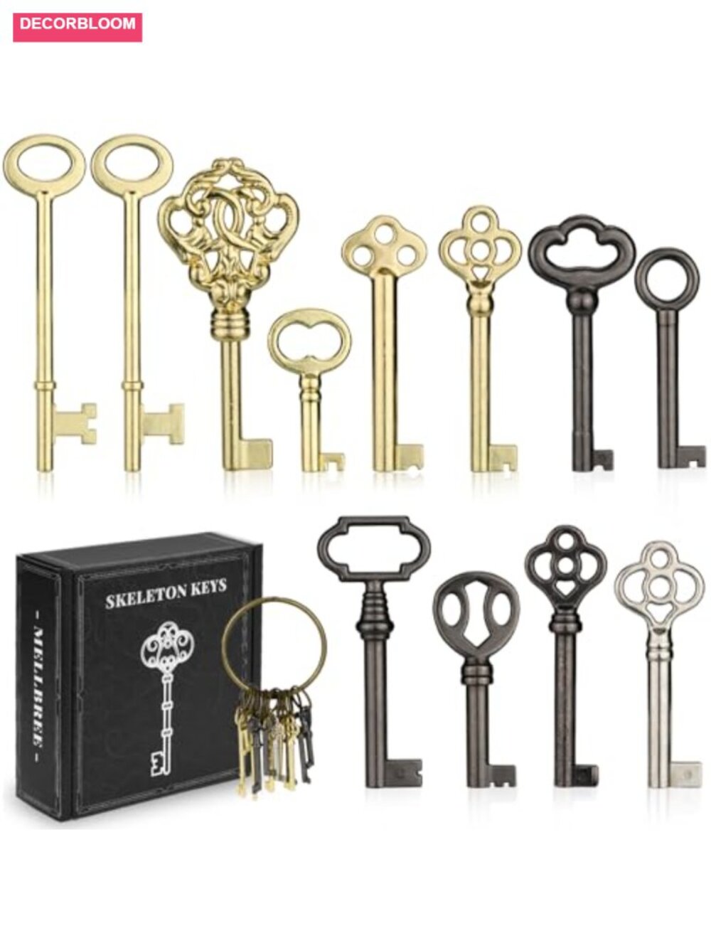 12-Pack Skeleton Key Set Solid Brass Die-Cast Zinc for Antique Furniture